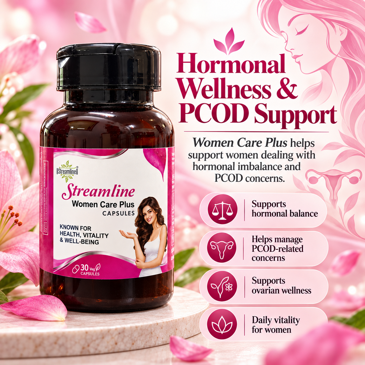 Streamline Women Care Plus Capsules – Women’s Hormonal Balance, PCOD/PCOS & Irregular Period Support | Menstrual Wellness, White Discharge/Leucorrhea & Reproductive Health | 30 Veg Capsules