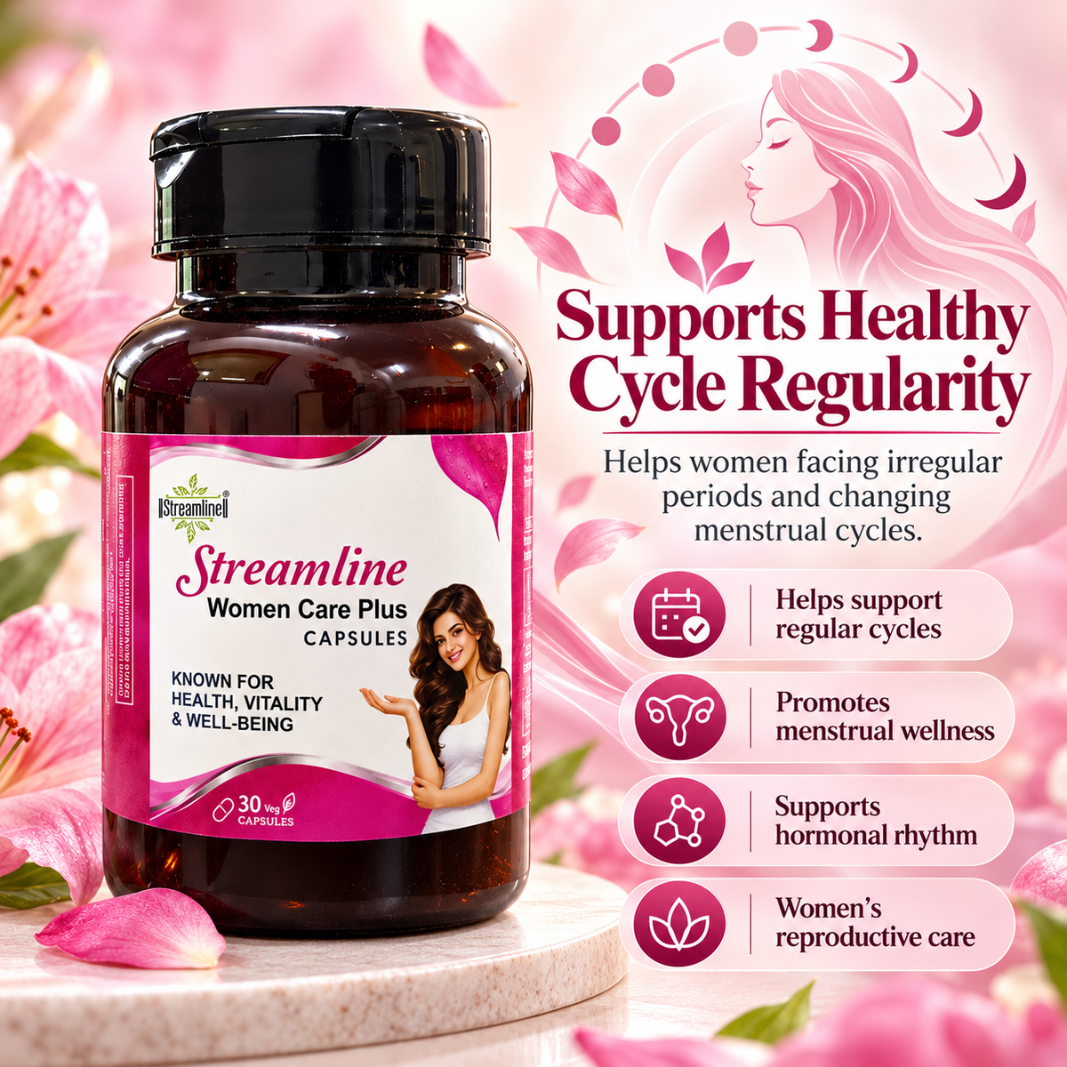 Streamline Women Care Plus Capsules – Women’s Hormonal Balance, PCOD/PCOS & Irregular Period Support | Menstrual Wellness, White Discharge/Leucorrhea & Reproductive Health | 30 Veg Capsules