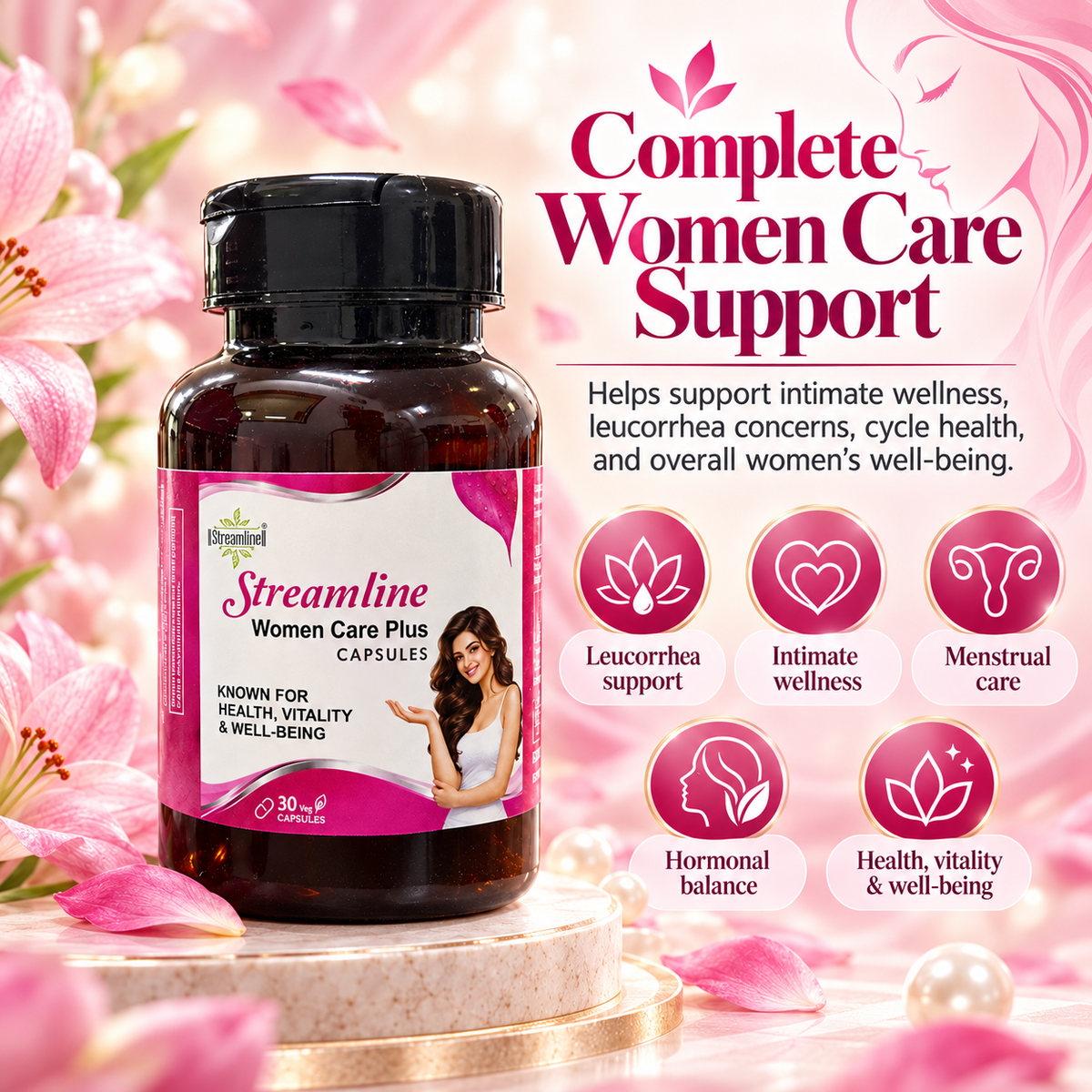 Streamline Women Care Plus Capsules – Women’s Hormonal Balance, PCOD/PCOS & Irregular Period Support | Menstrual Wellness, White Discharge/Leucorrhea & Reproductive Health | 30 Veg Capsules