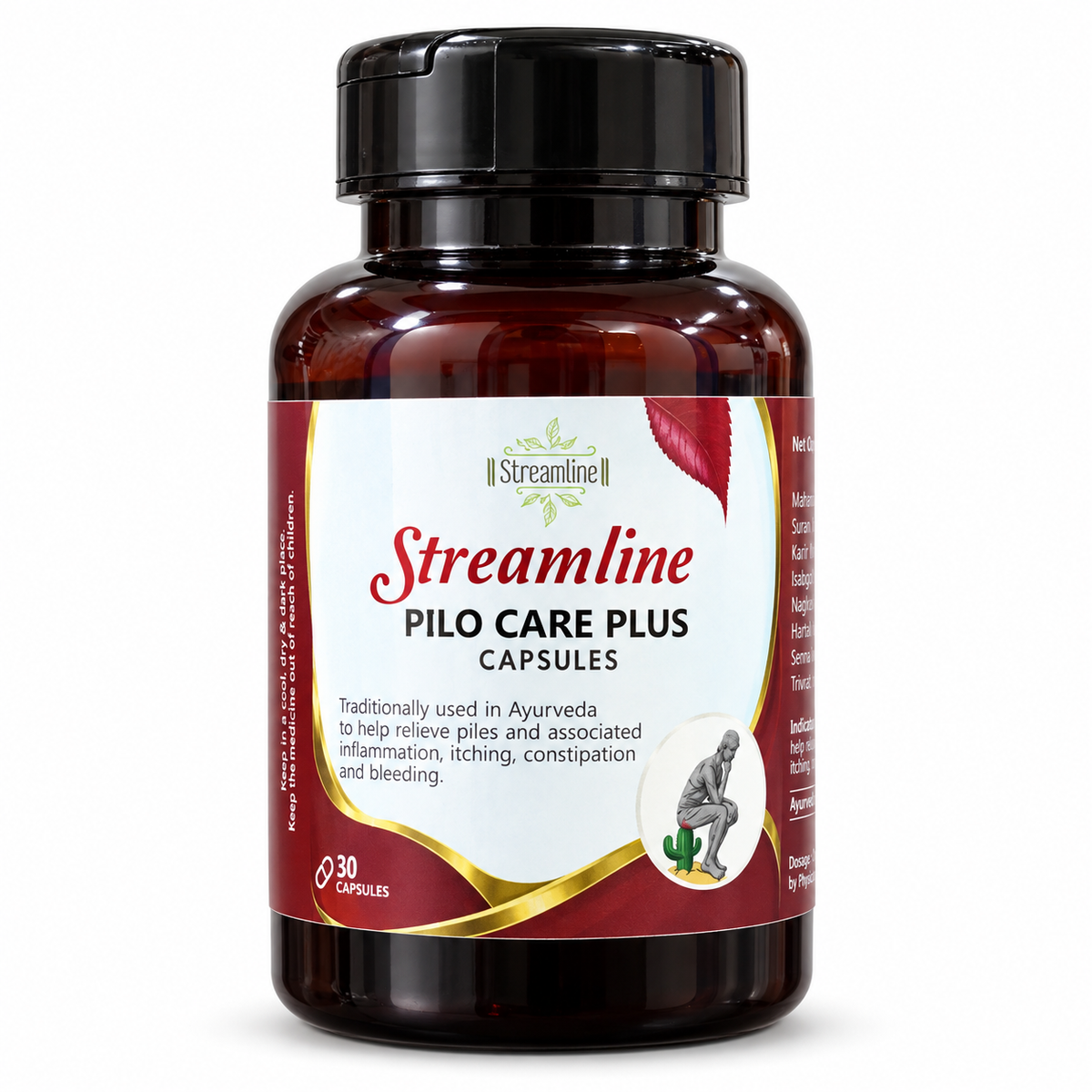 Streamline Pilo Care Plus Capsules | Ayurvedic Piles & Hemorrhoids Support for Itching, Inflammation, Constipation & Bleeding | 30 Capsules