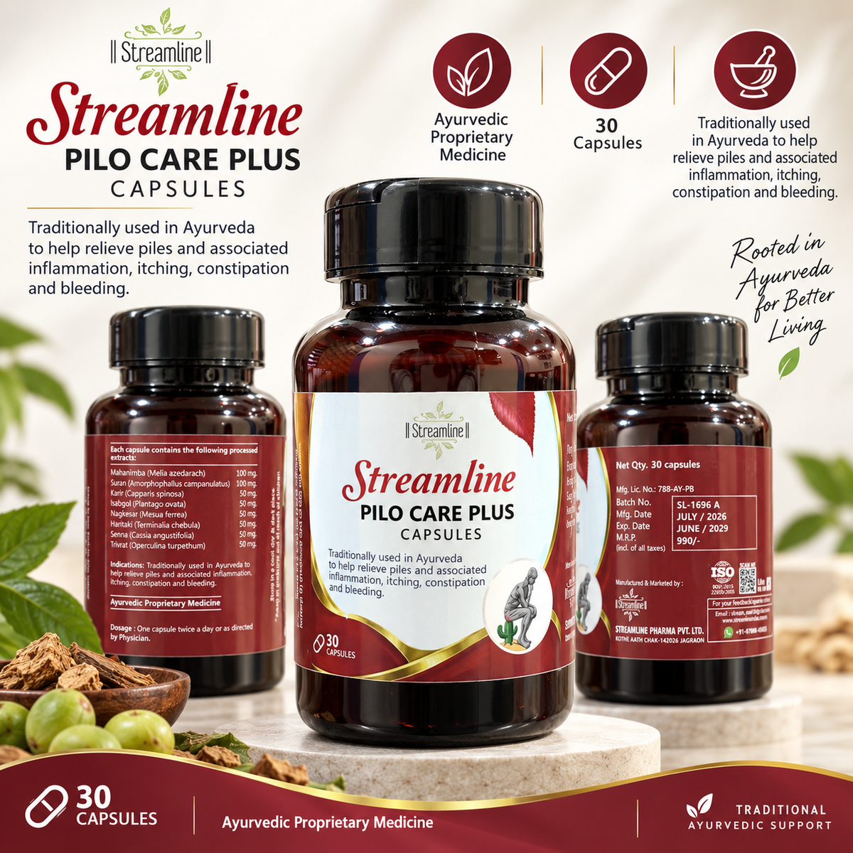 Streamline Pilo Care Plus Capsules | Ayurvedic Piles & Hemorrhoids Support for Itching, Inflammation, Constipation & Bleeding | 30 Capsules