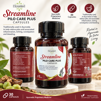Streamline Pilo Care Plus Capsules | Ayurvedic Piles & Hemorrhoids Support for Itching, Inflammation, Constipation & Bleeding | 30 Capsules