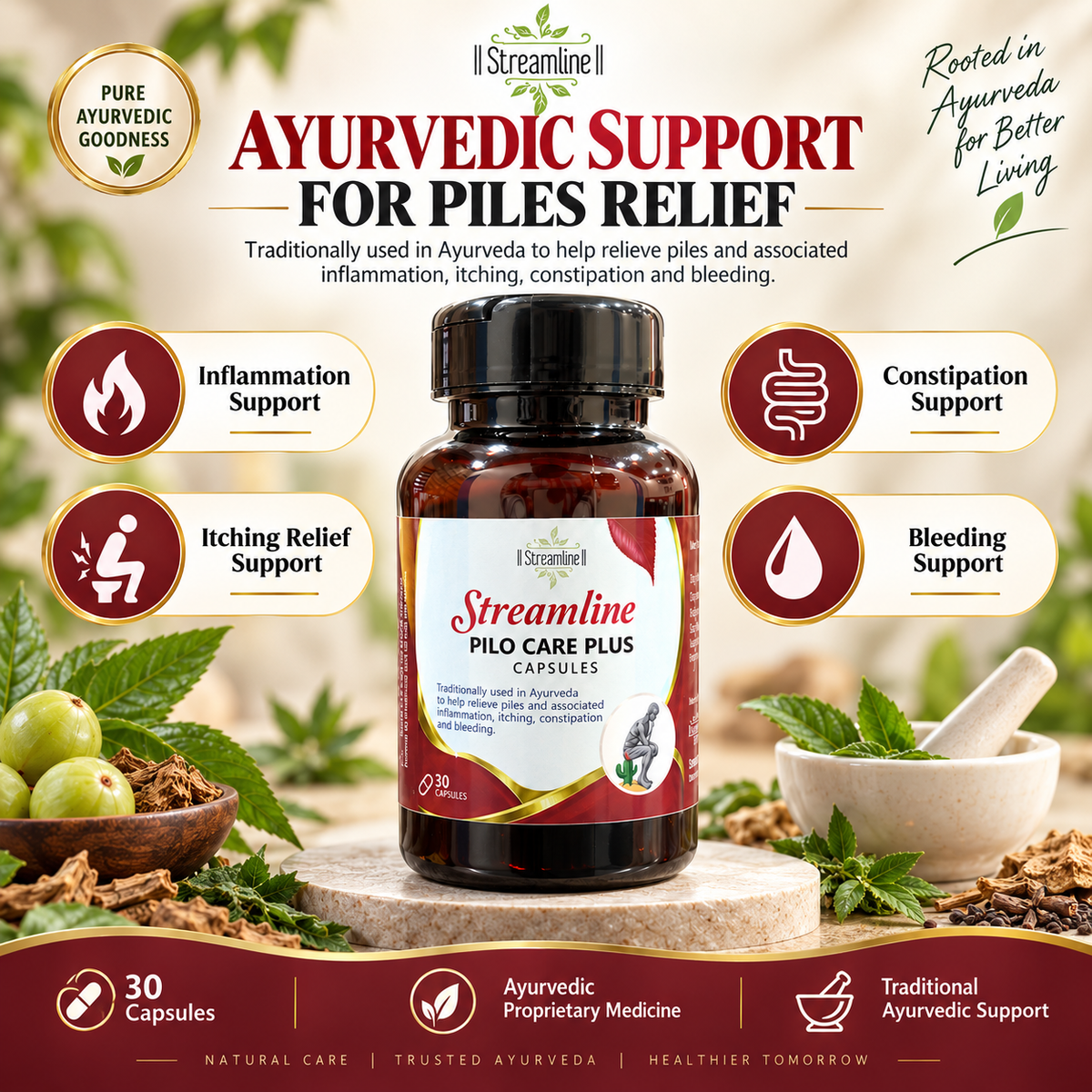 Streamline Pilo Care Plus Capsules | Ayurvedic Piles & Hemorrhoids Support for Itching, Inflammation, Constipation & Bleeding | 30 Capsules